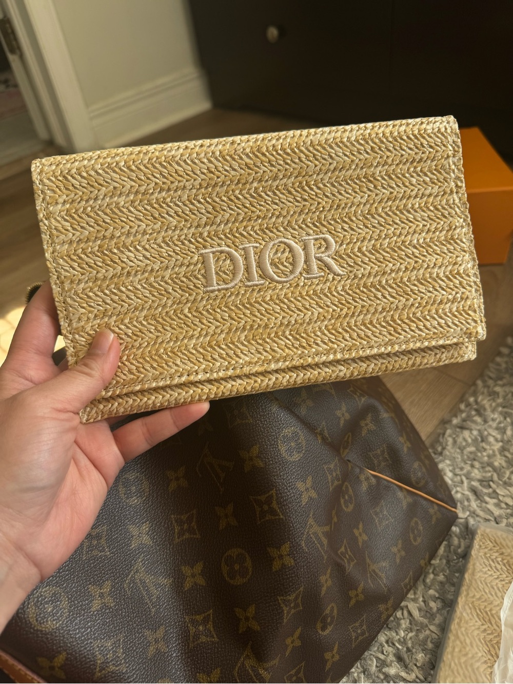 GWP Dior Natural Straw Clutch with White Embroidered Logo